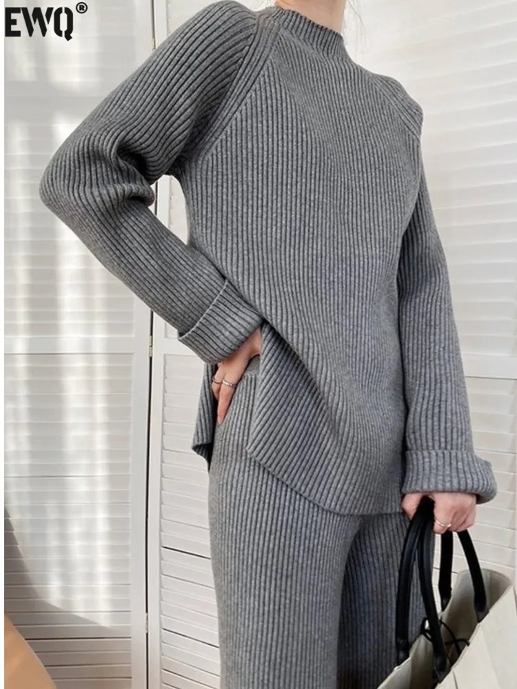 [EWQ] Korean Chic Split Sweater And High Waist Wide Leg Pants Casual Women Knit Set Clothing 2024 Autumn New Fashion 16O2489