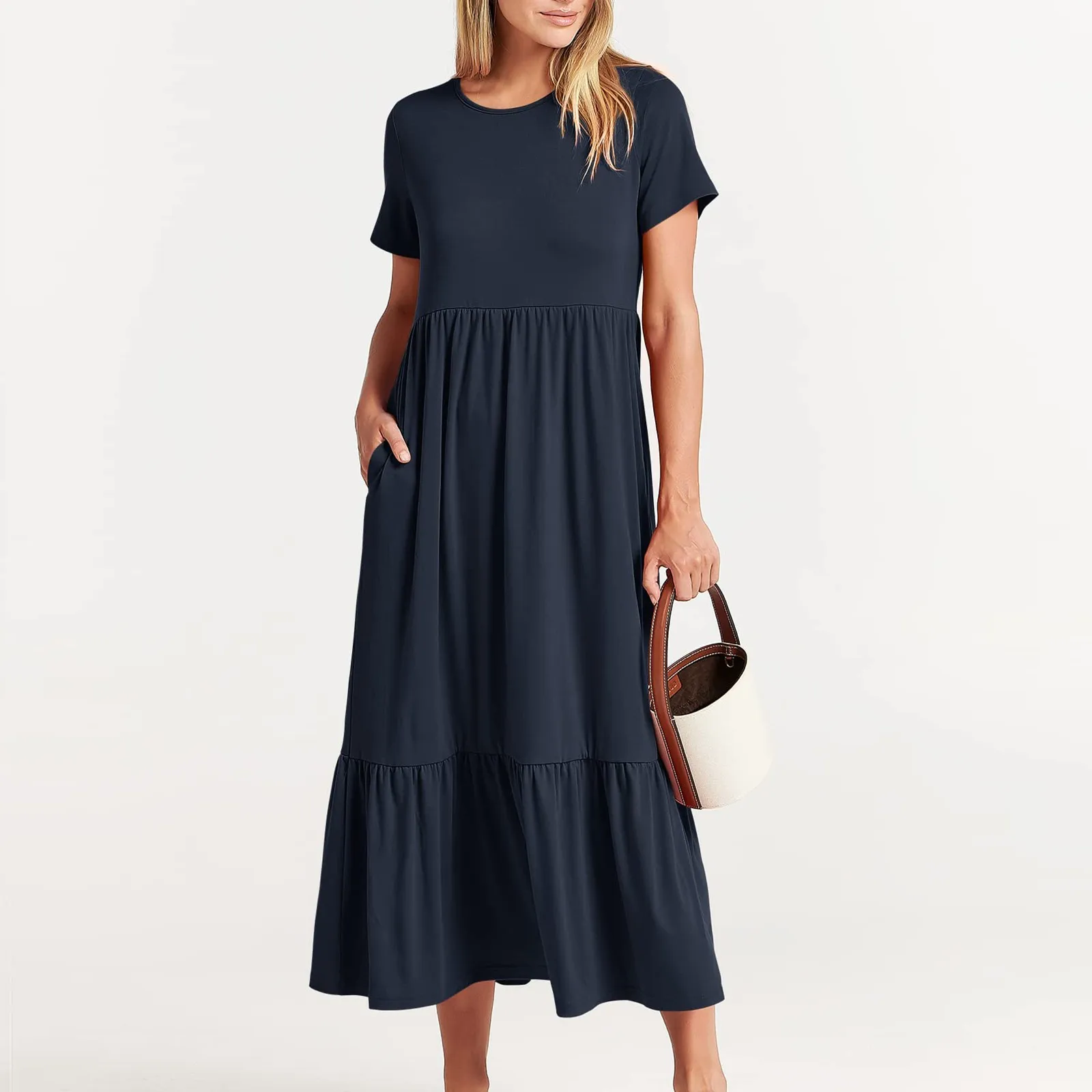 

Summer Womens Dresses Short Sleeve Crewneck Swing Dress Flowy Tiered Maxi Dress With Pockets Elegant Female vestidos de fiesta