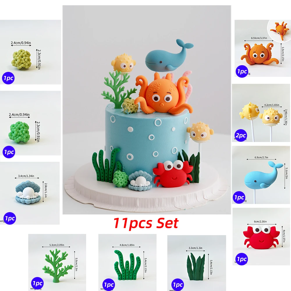 Tortenaufsätze unter dem Meer, orangefarbener Oktopus, Delfin, Krabbe, Agouti für Jungen und Mädchen, alles Gute zum Geburtstag, Babyparty, Marine-Themendekorationen – Detail 5