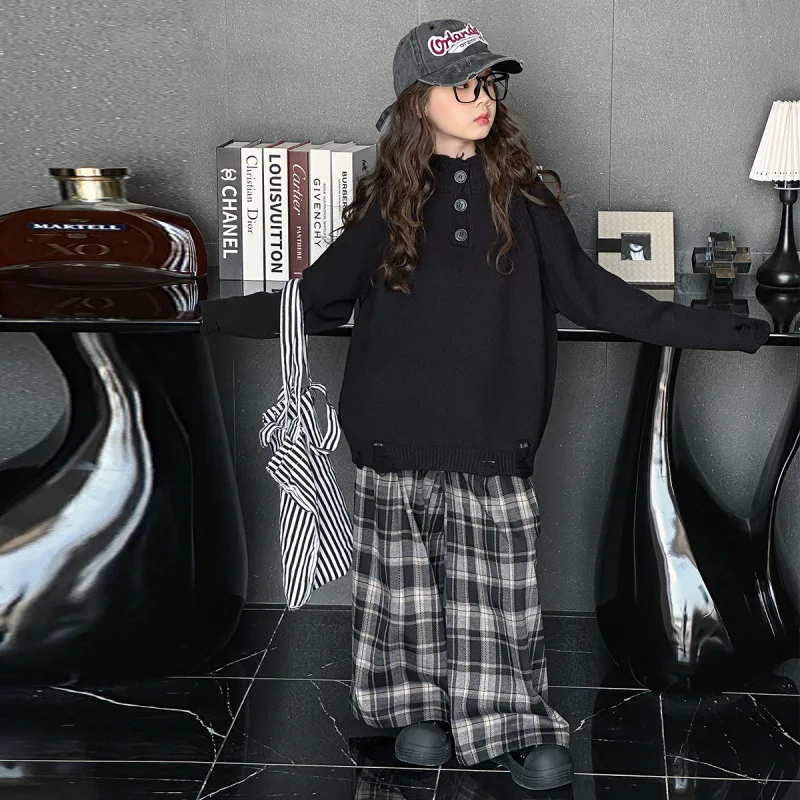 

Girls Suit 2024 Autumn New Childrens Clothes Korean Style Baby Girls Button Sweater Plaid Pants Two-piece Casual Simple Daily