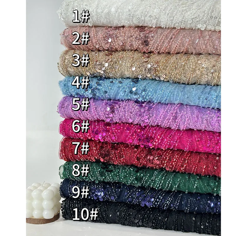 파란색 된 장식 조각 자 수 패브릭 웨딩 드레스 이브닝 가운 얇은 명주 그물 수 놓은 레이스 무대 의상 재료 진주와 함께