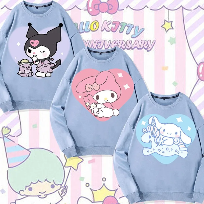 

2024 New Sanrio Co-branded Crewneck Hoodie Jade Cinnamon Dog Kulomi Hello Kitty Melody Girls Clothes