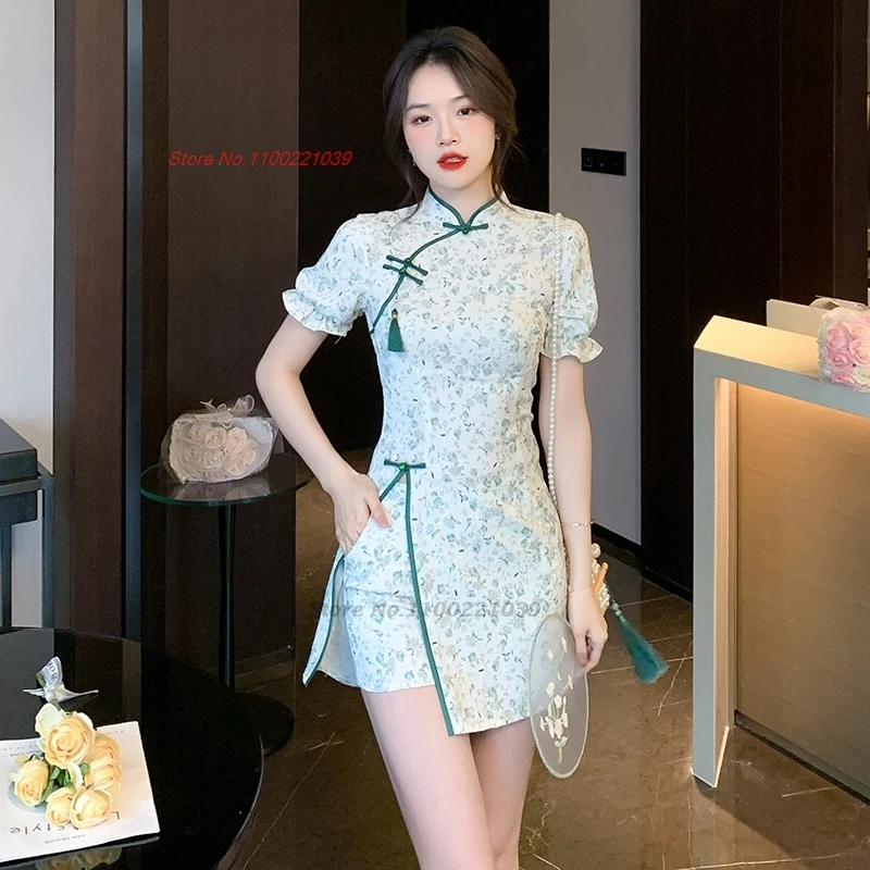 

2024 chinese improved cheongsam banquet nightclub dress qipao national flower print qipao dress+shorts set hotel spa work dress