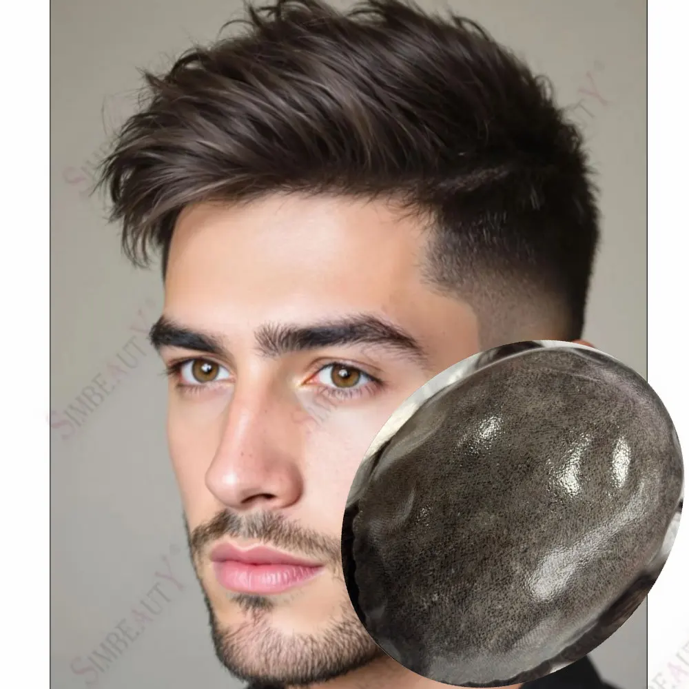 غير قابل للاكتشاف 0.1 مللي متر رقيقة الجلد الرجال الشعر المستعار غير مرئية الهندي خصلات الشعر المستعار الإنسان الذكور الشعر الاصطناعي نظام استبدال الشعر الطبيعي #1