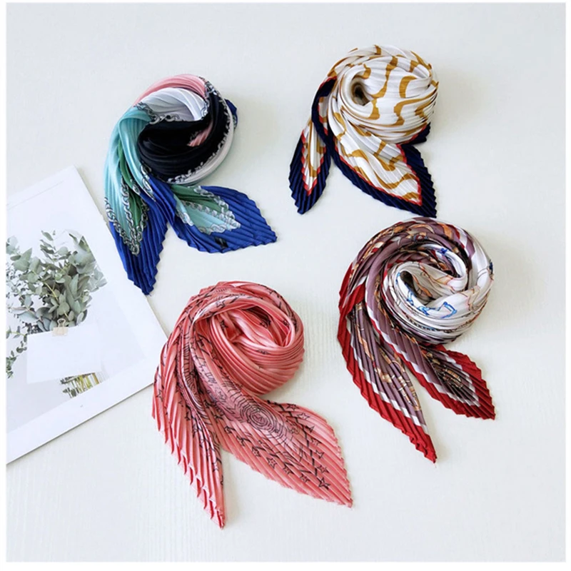 small silk scarf for women bandana pleated chiffon shawl scarves ladies floral print scarves satin turbans pretied headscarf