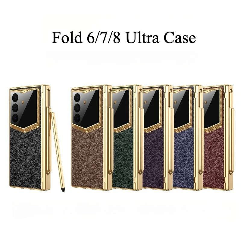 Luxuriöse galvanisierte Leder-Schutzhülle mit Scharnier für Samsung Galaxy Z Fold 8 Ultra Fold 7 6 5 4 3 mit S Pen Displayschutzfolie