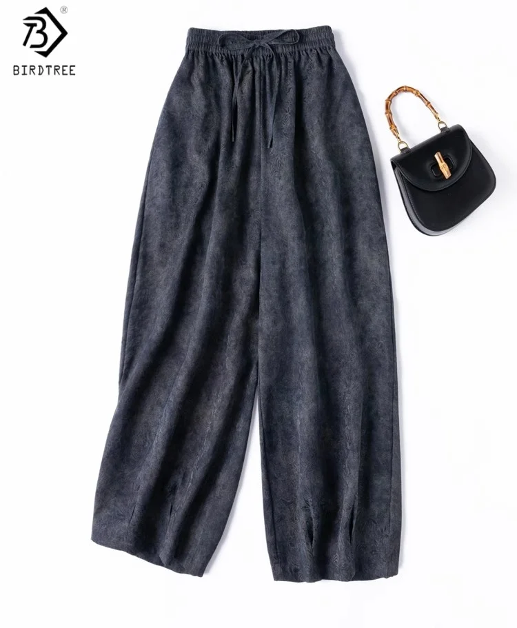 

Birdtree Summer 100% Mulberry Silk Pants,Women Jacquard Elastic Waisted Loose Silhouette Wide Leg Harem Pants New 2025 P55737JF