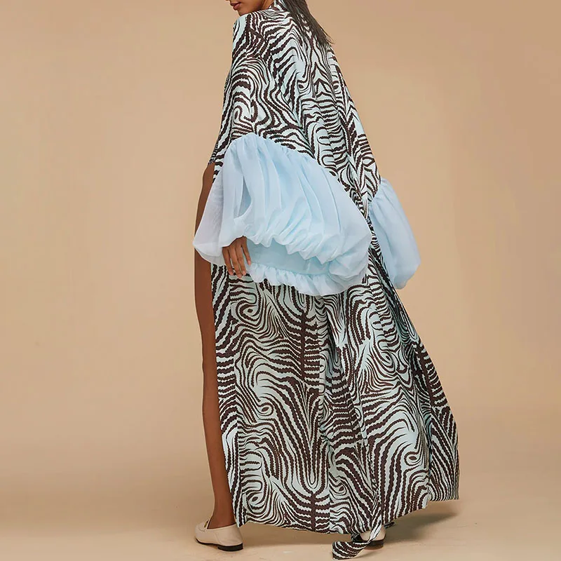 Spring Autumn New Women's Coats Fashion Irregular Lantern Sleeve Loose Cardigans Elegant Pattern Printed Beach Cover-up Outwear