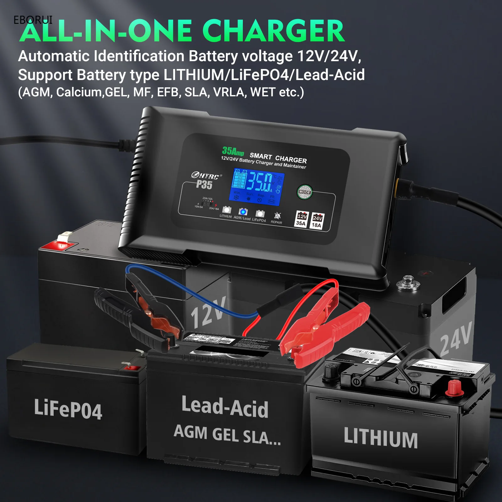 EBORUI P35 자동차 배터리 충전기, 대용량, 35A 12V 24V, 모토 트럭 오토바이 AGM 납산 PB 젤 LCD 디스플레이 스마트 충전