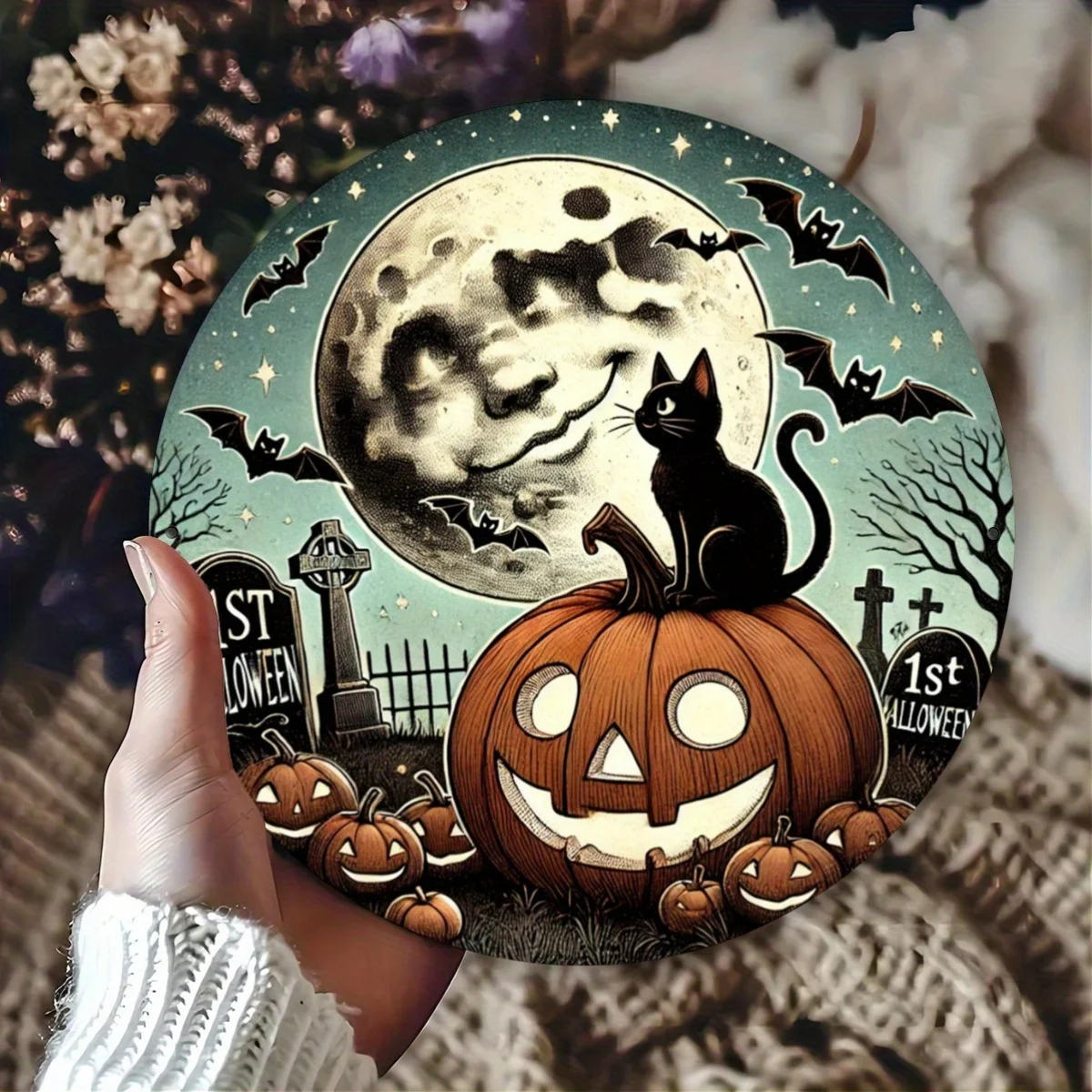 Halloween Iron Art Set of 1, Jack-O-Lantern with Black Cat Theme, Durable & Waterproof Wall Decor for Home, Patio, Bar, Restaura