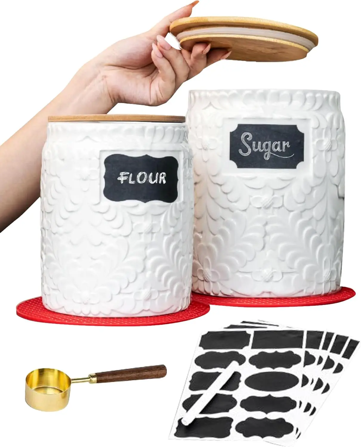 Juego de recipientes de cerámica de 2, almacenamiento de alimentos hermético de 94/52 Oz con tapas de bambú, contenedor decorativo de azúcar y harina de café