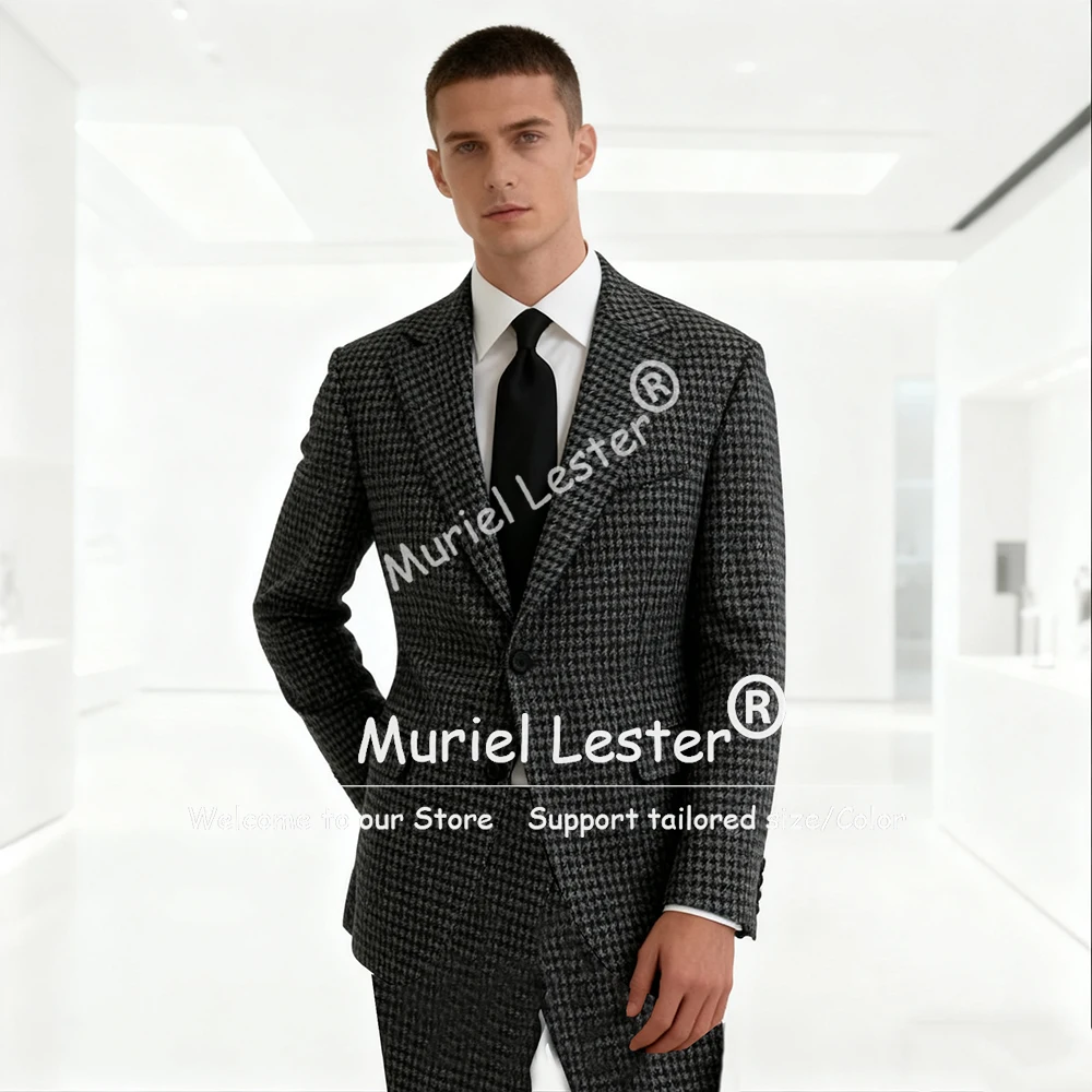 الكلاسيكية رمادي houndstooth البدلة الملابس للرجال 2 قطعة مجموعات تويد الصوف مزيج الأعمال الحلل مخصص العريس الزفاف البدلات الرسمية #3