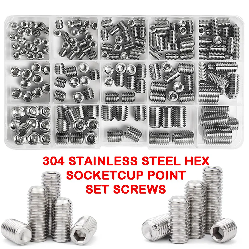 304 Stainless Steel Cup Point Set Screws Kit, Hex Socket Allen Key Grub Screws Assortment , M3 M4 M5 M6 M8 M10 Sizes, DIN 916