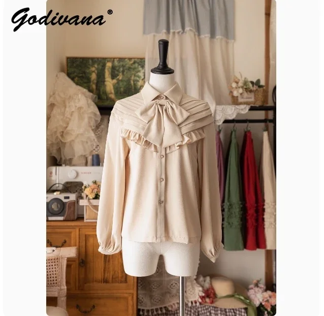 Original Elegant Ladies Long-sleeved Shirt Solid Color Spring and Autumn Lolita Bow Women's Blouse Retro Slim inner Shirt Top