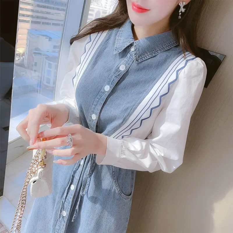 Korean Fashion Women's Clothing Striped Button Distressed Design Long Sleeve Waist Drawstring Lapel Patchwork Denim Midi Dress