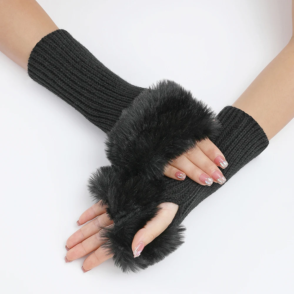 Winter Solid Color Faux Fur Gloves Arm Sleeve Cover Hand Warmer Lady Knitting Fingerless Wrist Gloves Half Finger Gloves Mittens