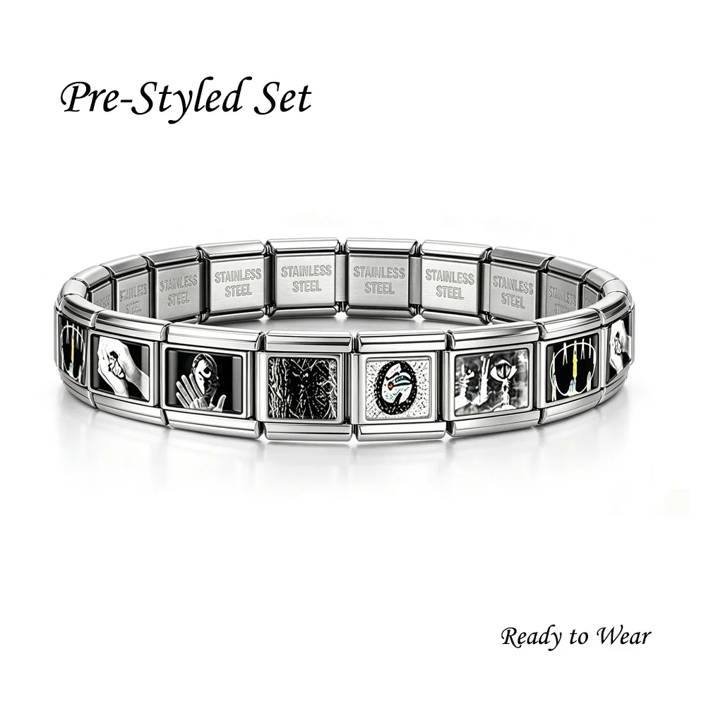 Punk Gothic Men 9mm Stainless Steel Italian Module Bracelet Dark Horror Pattern Elastic Wrist Band Rock Biker Male Jewelry Gift