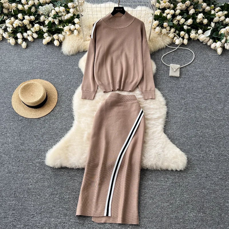 REALEFT Autumn Winter 2 Pieces Women\'s Sets Knitted Tracksuit Stand Collar Sweater and Sheath Wrap Skirts Suits 2024 New