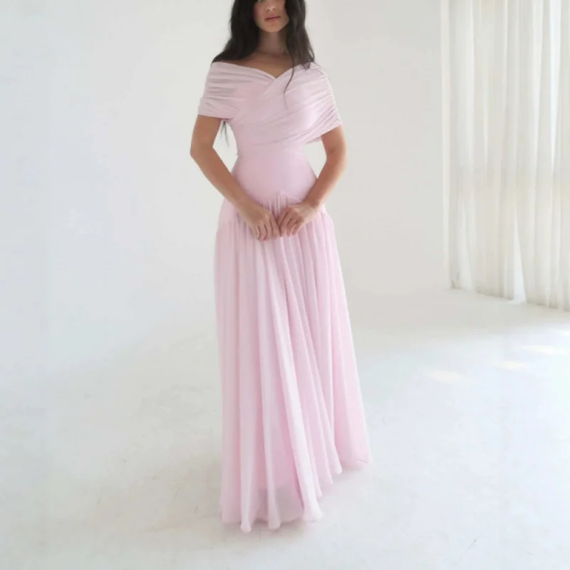 Lässiges Kurzarm-Drapiertes Langes Kleid Elegantes Hochgeschnittenes Einfarbiges Partykleid Sexy Schulterfreies Kreuzdesign Abendkleid