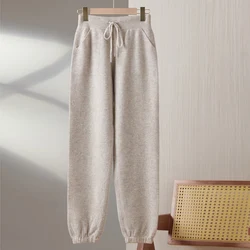 100% merino wool women's knitted trousers, popular, fashionable, warm, pocket, small leg pants 2024 autumn and winter new style