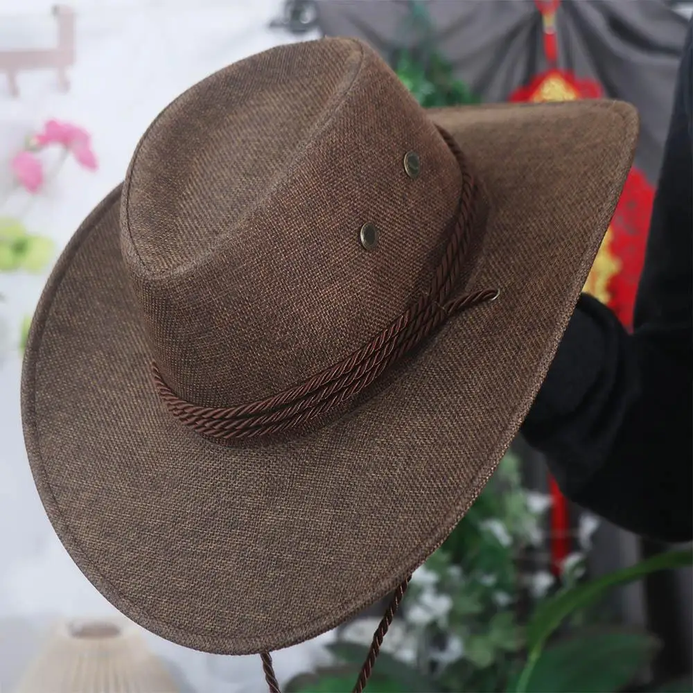 Simple Linen Western Cowboy Hat Beach Cap Climbing Hat Summer Sun Hat Wide Brim Cycling Cap Beach Sunscreen Cap Summer