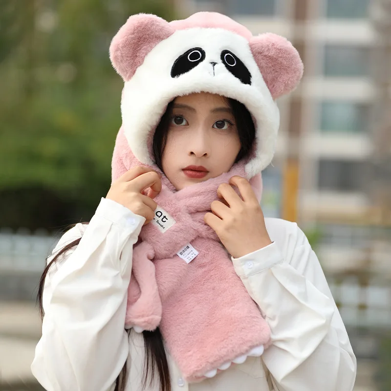 Giant Panda Scarf Gloves Integrated Hooded Set Plush Warm Women's Men's and Women's Winter Lei Feng Hat