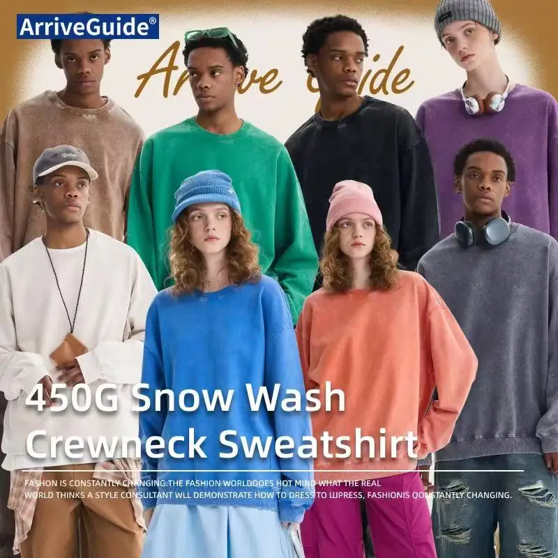 Extra-large 100% pure cotton 450g round-neck hoodie, washed and distressed wax-printed snowflake crewneck sweater, casual distre