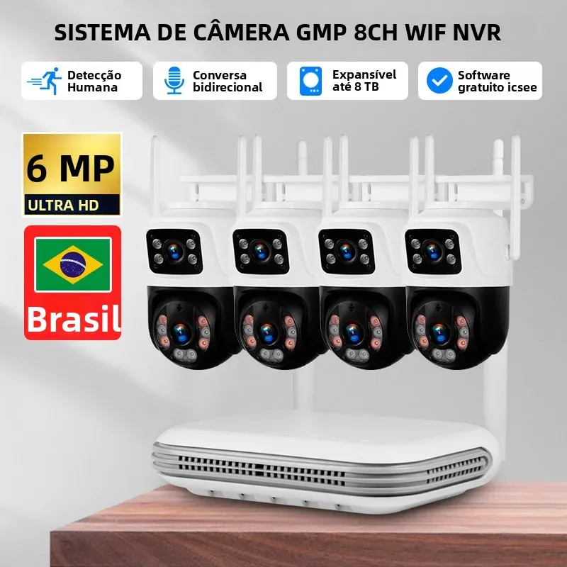 BR Entrega Local KERUI WIFI IP Sem Fio 6MP Câmera de Lente Dupla 8CH NVR Kit de Sistema de Segurança Doméstica Vigilância Externa CCTV