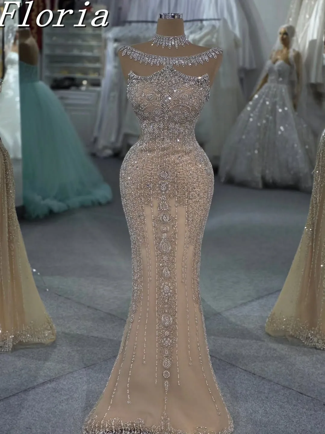 

Champagne Off Shoulder Cocktail Dress With Crystals Necklace Maxi Long Wedding Party Gown Customized Formal Prom Dresses