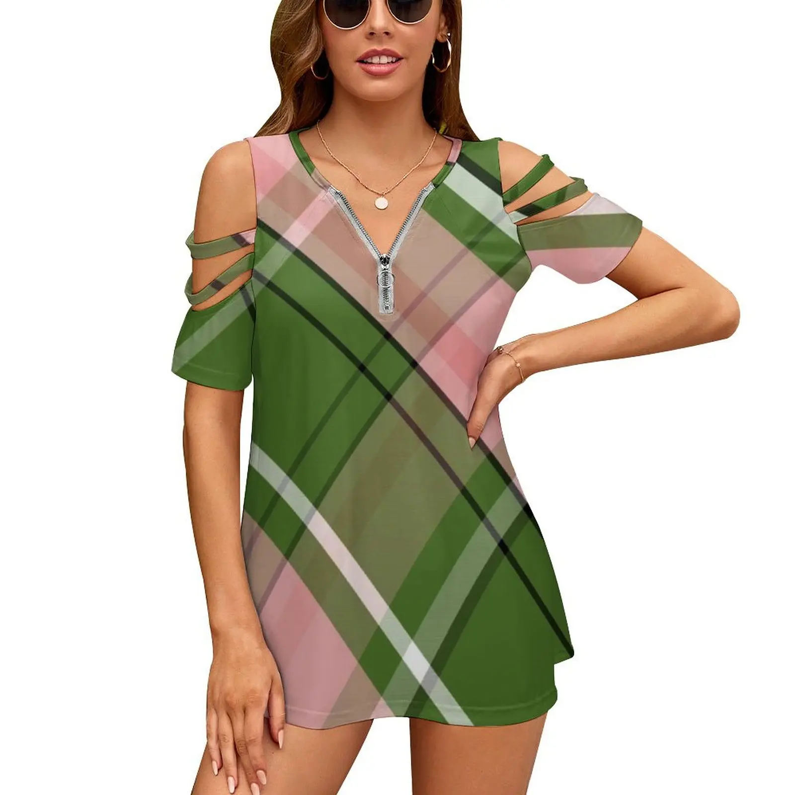 Pink And Green Preppy Plaid Women Zipper Various styles Printed T Shirts Tops Full Print T-Shirt Pattern Pink And Green Preppy