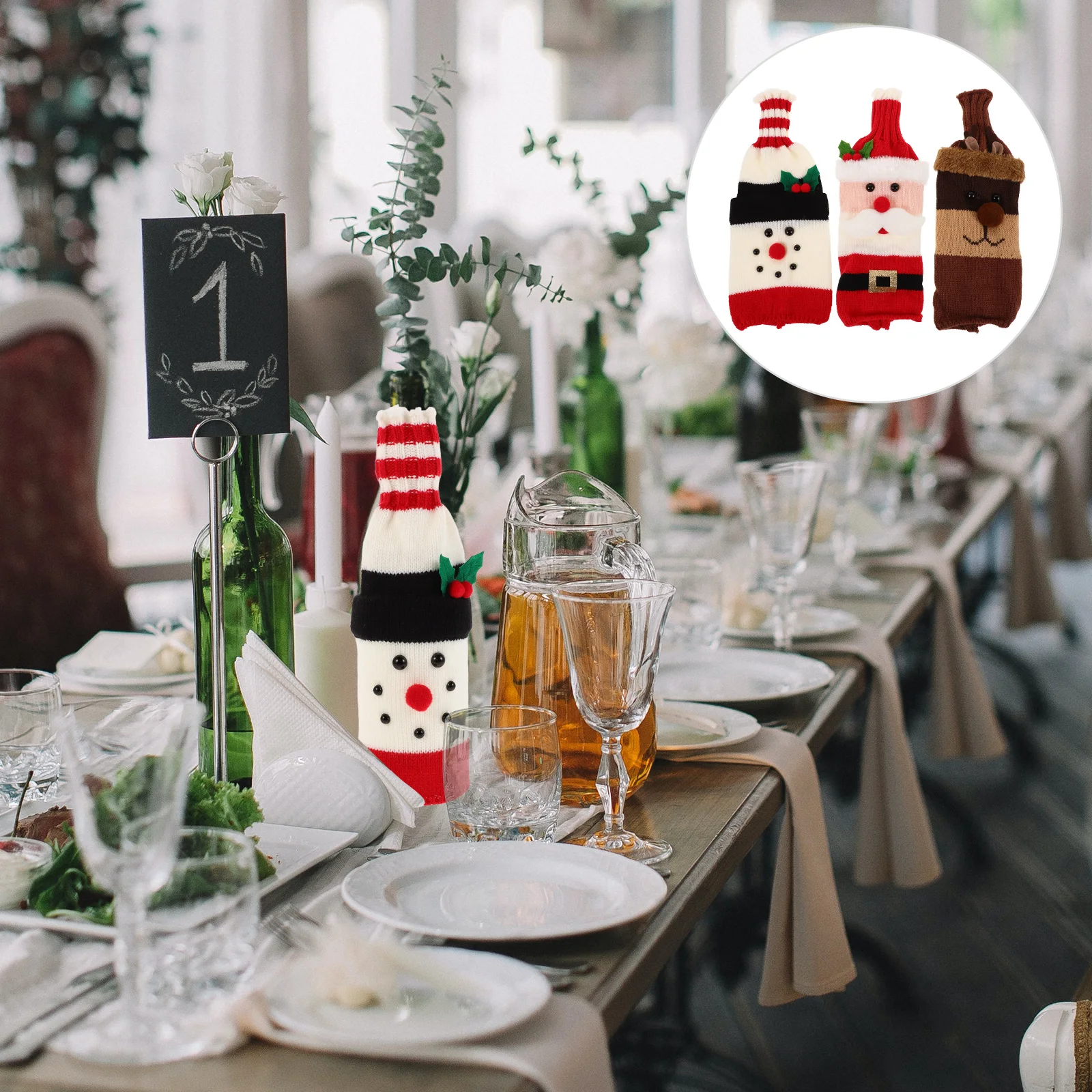 

3pcs Wine Bottle Set Decorations Unique Knitted Holiday Cover Protective Function Car Restaurant Atmosphere Christmas Winter