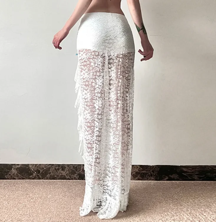 Vestido Sexy para chica caliente para mujer, falda con abertura de encaje de malla con temperamento, falda larga informal dulce para vacaciones en la playa, primavera y verano, 2025