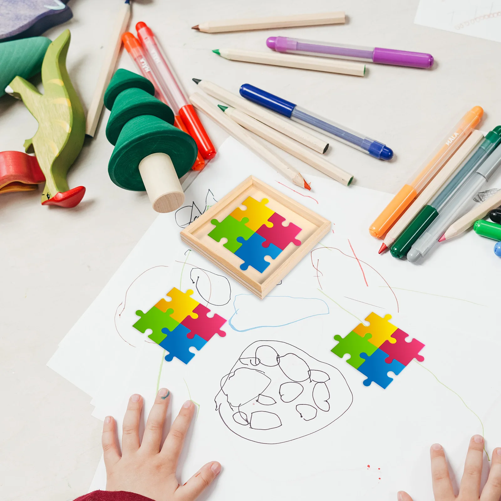 4-teiliges 3D-Puzzle-Aufbewahrungstablett, Holz-Puzzle-Organizer, natürliches Material, verhindert das Verrutschen, ideal zum Sortieren und Präsentieren, wiederverwendbar