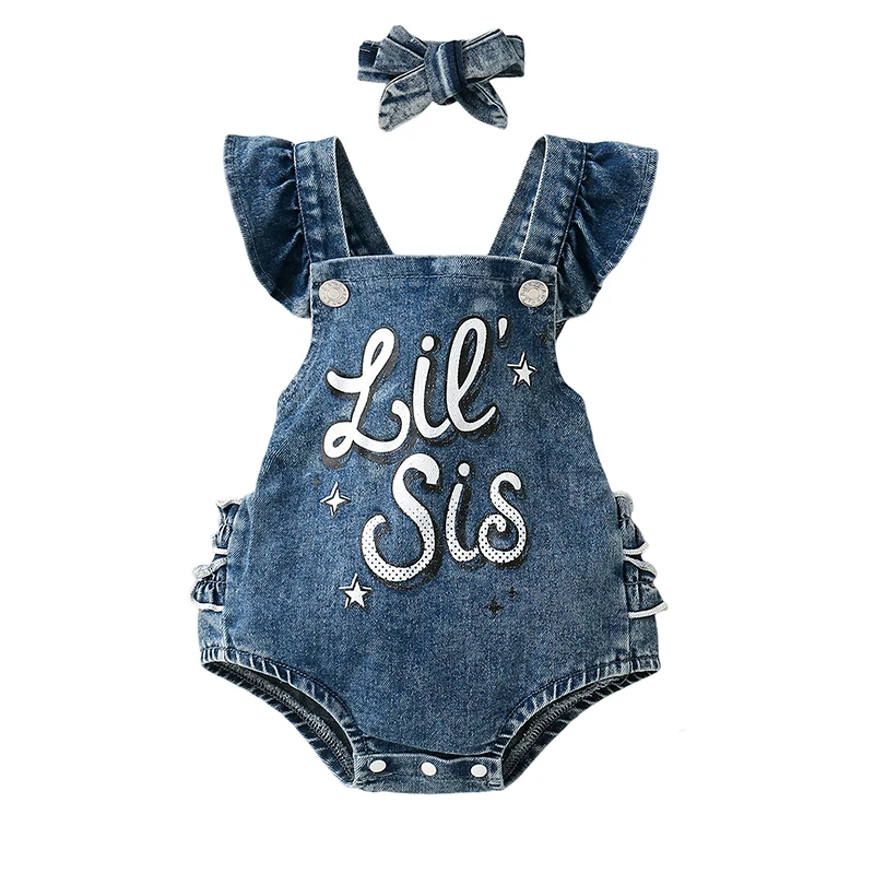 

Toddler Baby Girl Denim Romper Infant 2Pcs Summer Outfits Fly Sleeve Letter Print Bodysuit with Headband Set Newborn Clothes