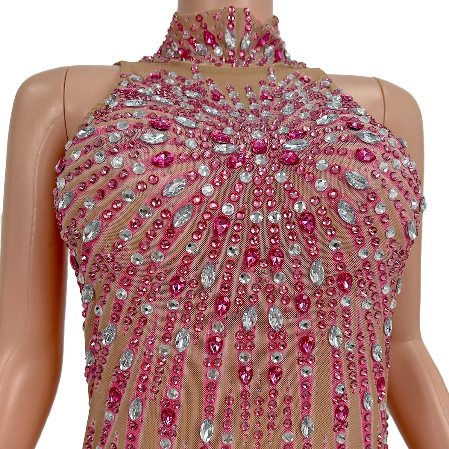 

Sexy Sleeveless Pink Rhinestone Jumpsuits Women See Through Bodycon Rompers Ladies Stripper Outfits Dance Leotard Party Bodysuit
