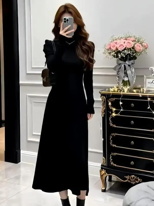 

Элегантный вязаный свитер большого размера с высоким воротником и длинными рукавами, скрывающий живот, премиум-класса, базовый слой, длинное платье-свитер