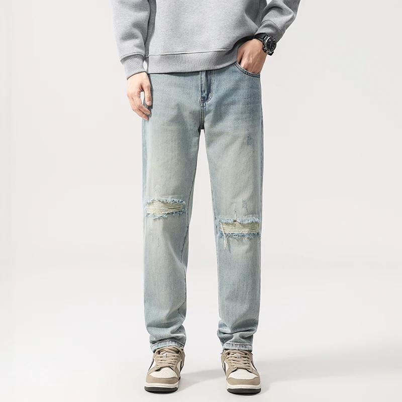 2025 outono masculino americano streetwear jeans-lavado azul solto perna reta angustiado calças jeans com rodinhas todas as estações