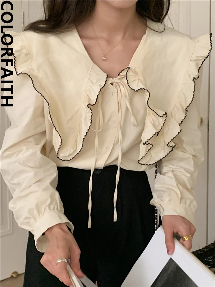 Colorfaith BL10335 New 2024 Lace Up Turn-down Collar Patchwork Oversized Korean Fashion Women Spring Summer Blouses Shirts Tops