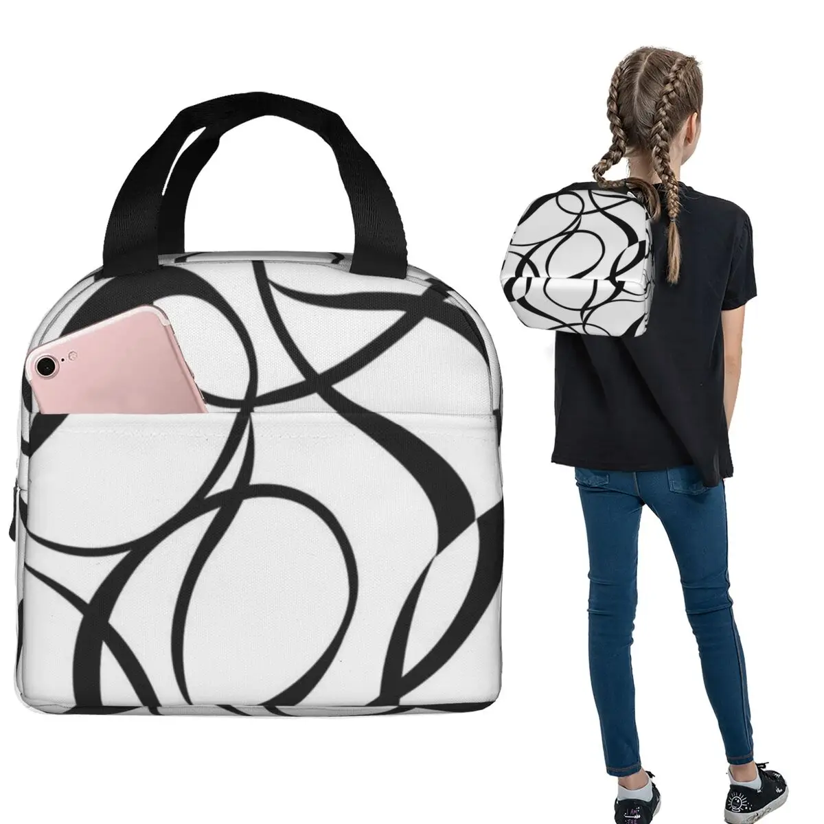4 Pcs - 45cm 18In - Geometric Abstraction Line Insulated Lunch Bag for Women Children Portable Food Boxes Thermal Lunch Box Tote