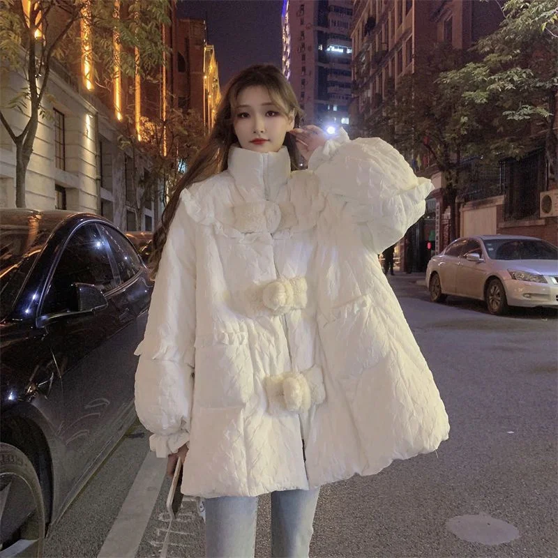 

2023 New Winter Design Feeling Small Group Down Cotton Coat Women's Winter Cotton Coat Coat Thickened Loose White Cotton Coat