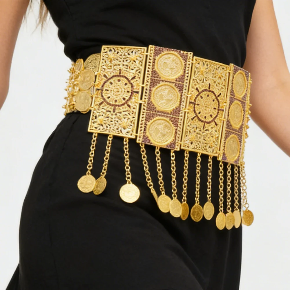 

Alloy Carved Hollow Geometry Wide Waist Chain Large Coin Body Belt Belly Chains Ethnic Indian Arab Traditional Accessory Jewelry