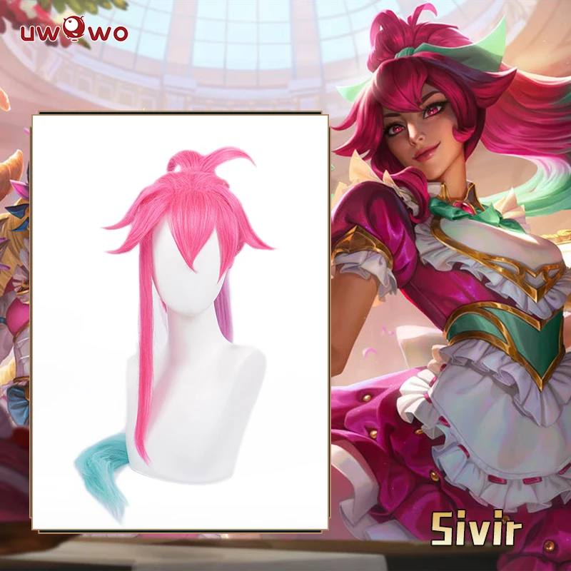 

UWOWO Game League of Legends Cafe Cuties Sivir Maid Cosplay Wig 80cm Pink Green Gradient Hair For Girls Women