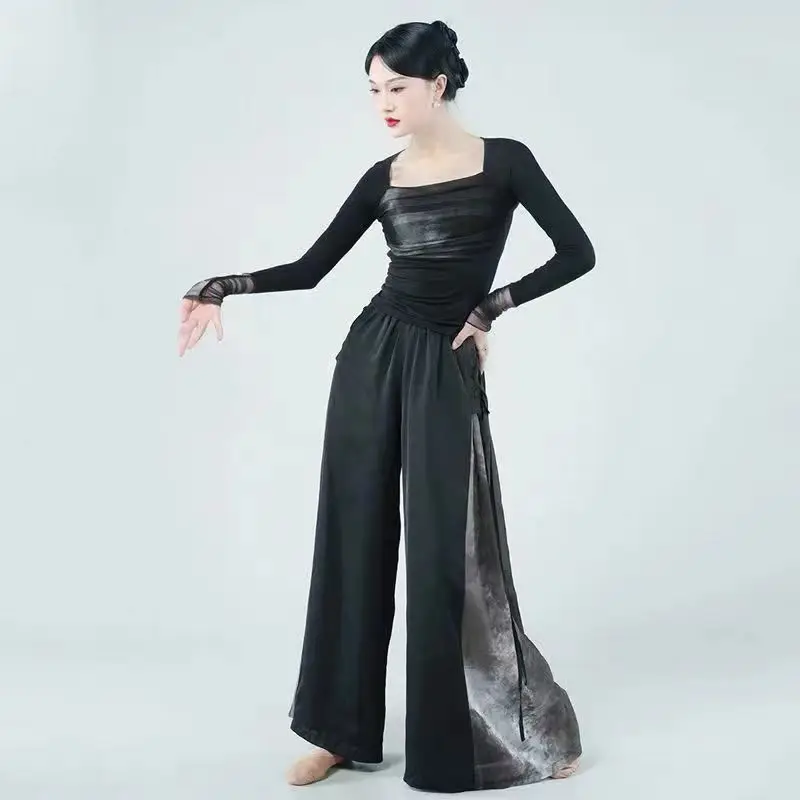 Pantalones de pierna ancha con volantes de malla para baile clásico, traje de práctica de rendimiento, Yoga, teñido anudado negro fluido, Cheongsam,