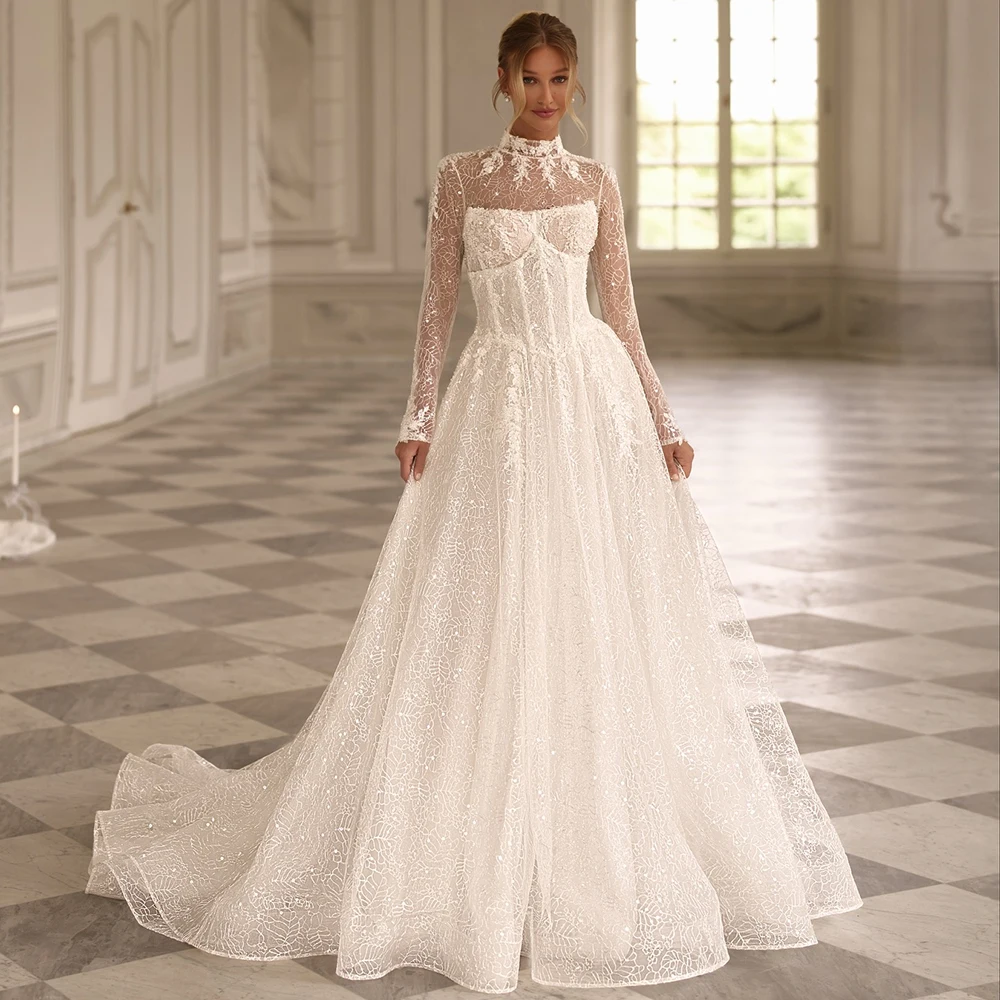 

Elegant White Lace Bridal Gowns Customized Modern High Collar Long Sleeves Wedding Dress Charming Court Train Vestido De Novia