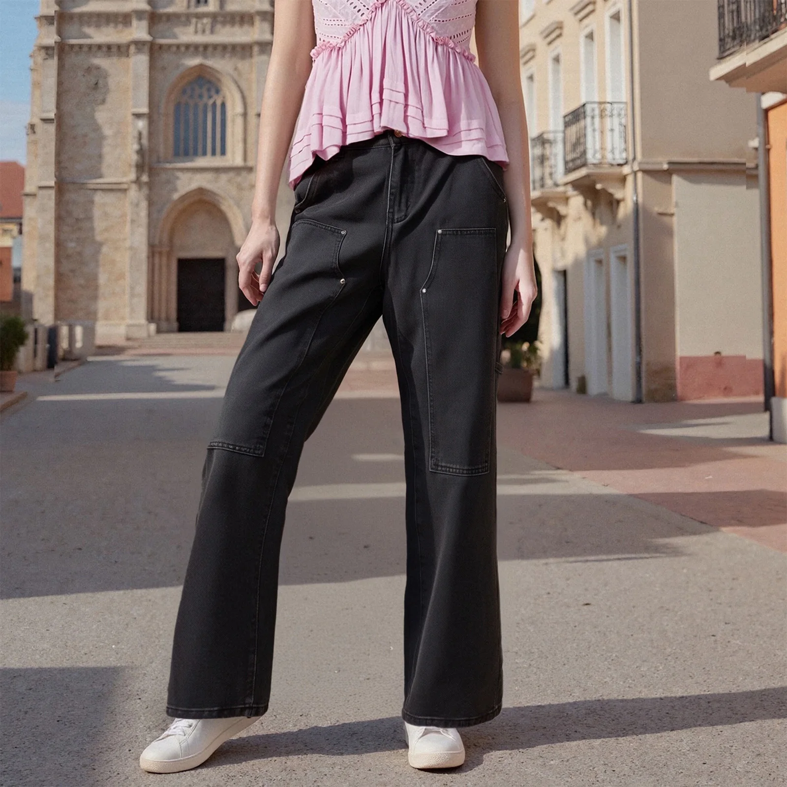 

Женские модные осенние лоскутные джинсы, однотонные прямые широкие джинсовые брюки, весенние повседневные брюки с карманами, уличная одежда