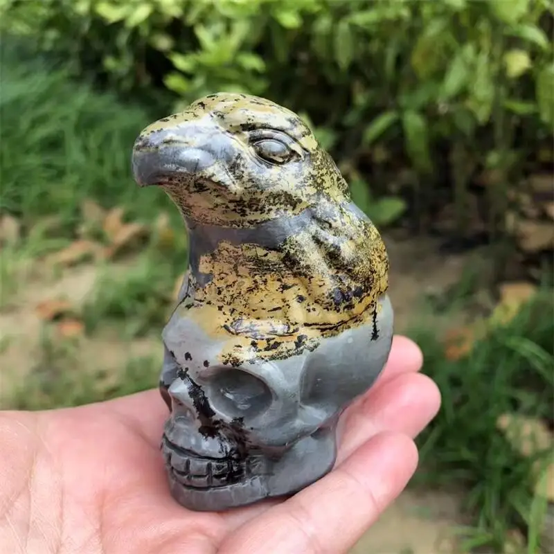 

Natural Picture Stone Eagle Skull Carving Crystal Powerful Animal Carving Handicrafts Accessories Christmas Present 1pcs