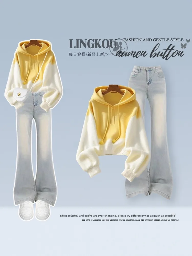

Elegant plus Size Autumn Winter Outfit Women's College Style Ageless Soft Sweatshirt High Waist Slim Fit Jeans Two Piece Set