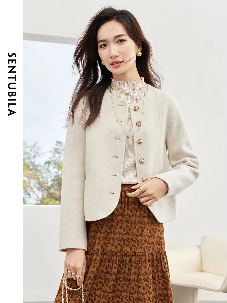 

SENTUBILA 100% Wool Casual Short Woolen Coat Women 2024 Autumn Winter O-Neck Crop Warm Double Sided Woolen Jacket Top W34O49953