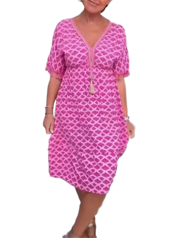 

Fashionable Printed Versatile Patchwork Mid Length Dress Summer New Style Dress Sexy V-neck Women Short Sleeved Mid Length Dress