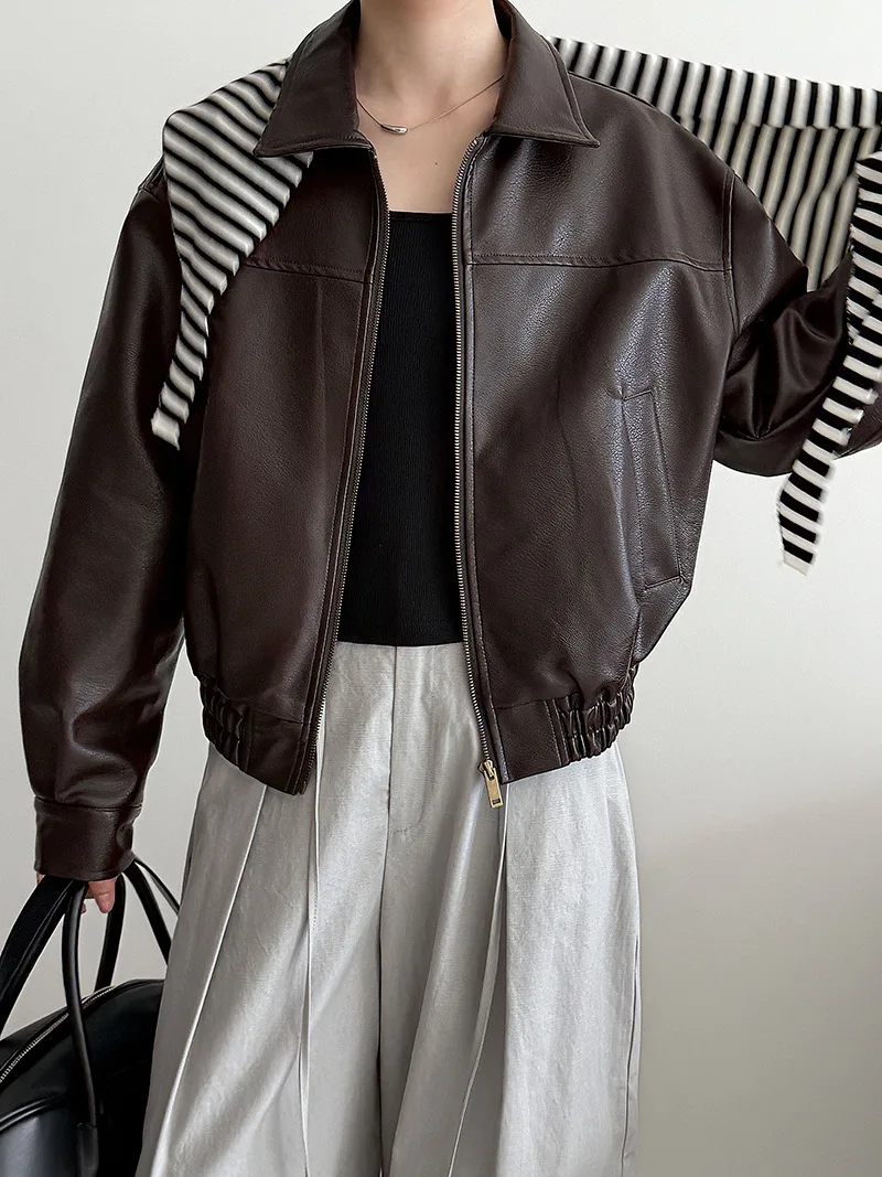 Giacca in pelle di fascia alta stile motociclistico coreano alla moda da donna 25 autunno nuova collezione giacca casual in vita